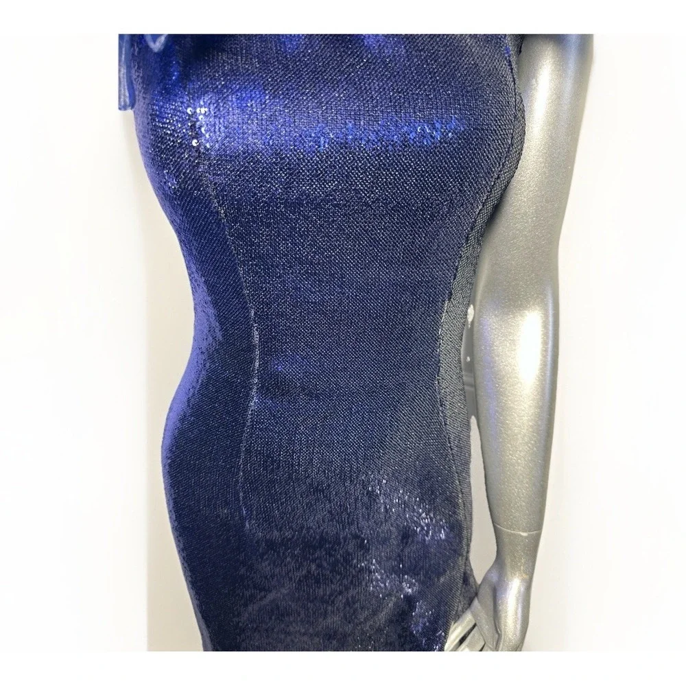 Sherri Hill 55328 Navy Blue Sequin Off-The-Shoulder Ruffle Gown – Size 00